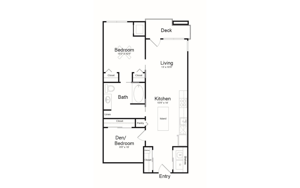 B1 - 1 bedroom floorplan layout with 1 bath and 788 square feet.