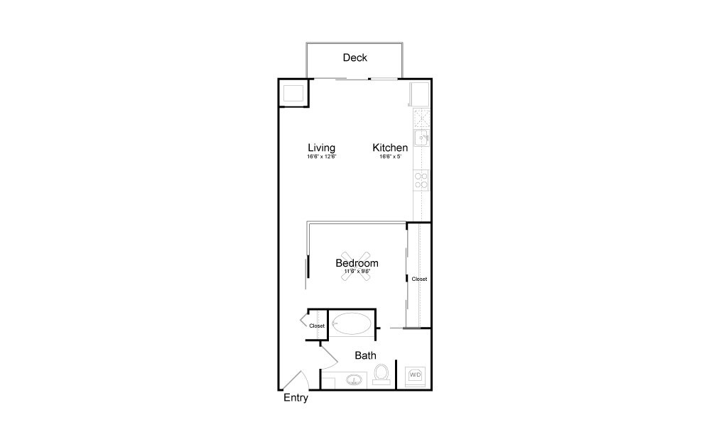 A1 - Studio floorplan layout with 1 bath and 639 square feet.