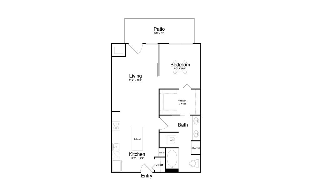 A12 - 1 bedroom floorplan layout with 1 bath and 697 square feet.