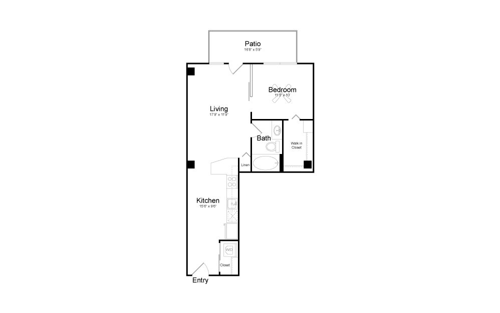 A15 - 1 bedroom floorplan layout with 1 bath and 712 square feet.