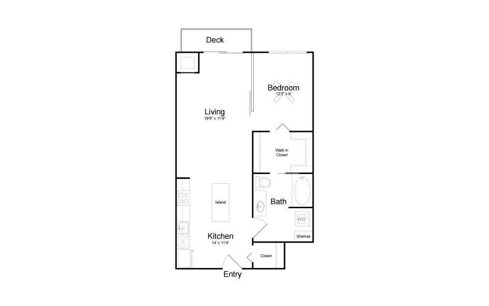 A21 - 1 bedroom floorplan layout with 1 bath and 745 square feet.