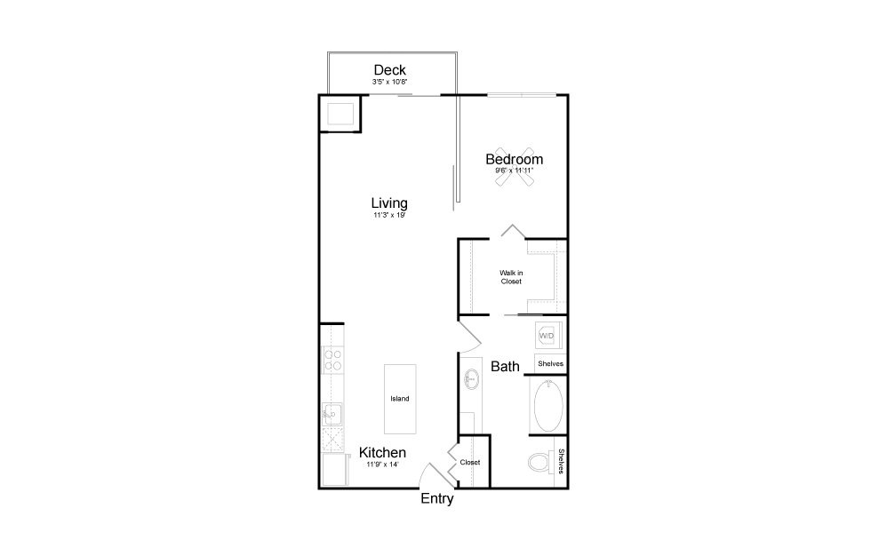 A22 - 1 bedroom floorplan layout with 1 bath and 753 square feet.