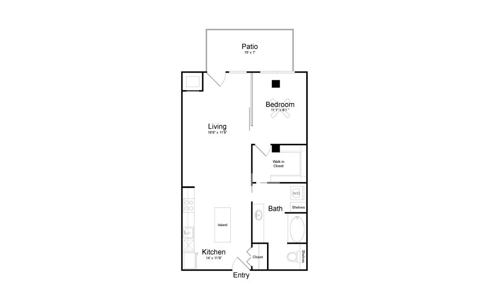 A23 - 1 bedroom floorplan layout with 1 bath and 753 square feet.