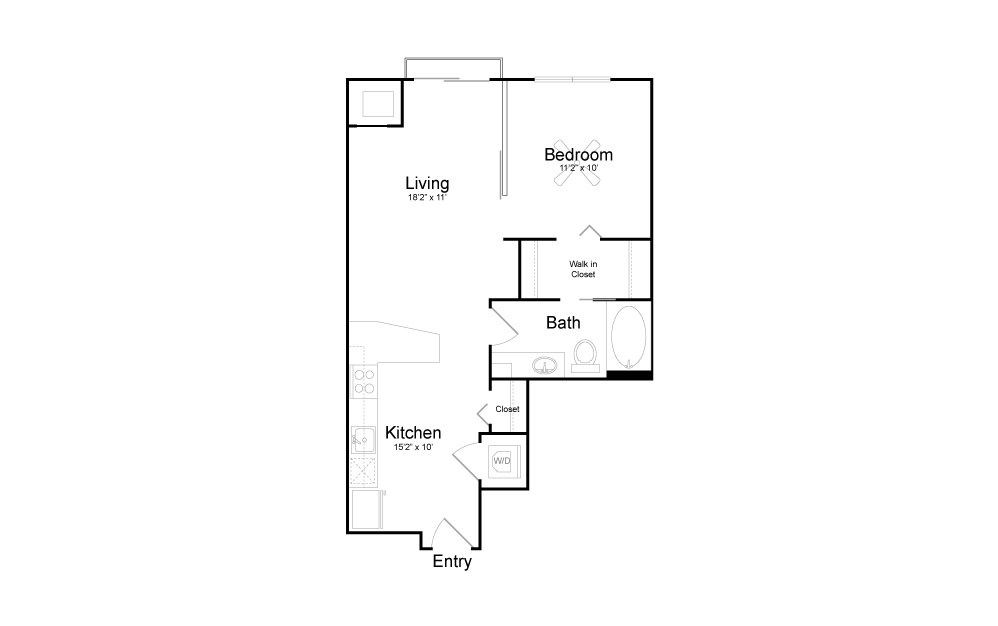 A4 - 1 bedroom floorplan layout with 1 bath and 640 square feet.