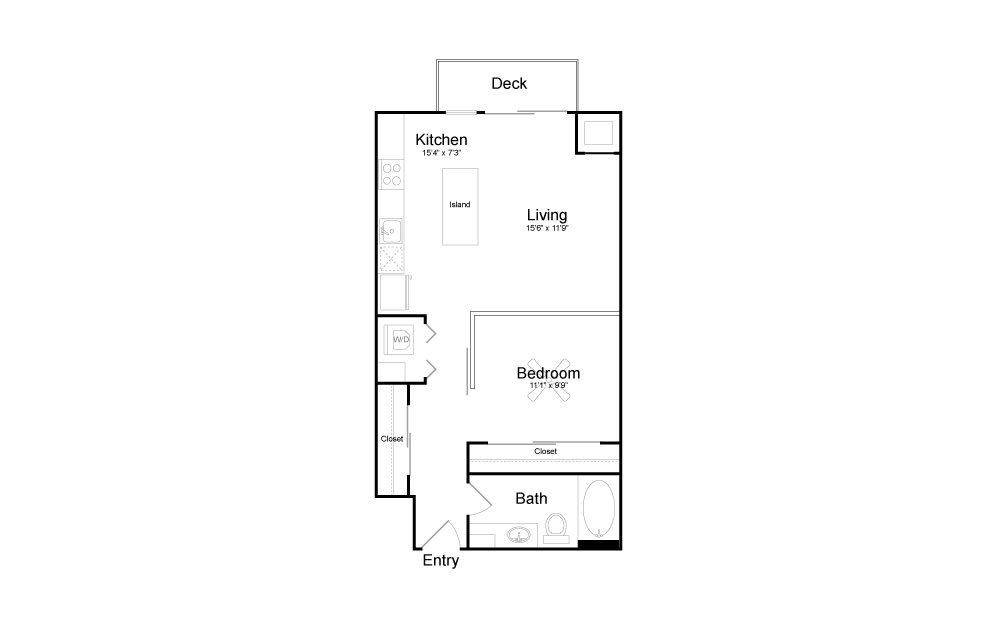 A6 - Studio floorplan layout with 1 bath and 663 square feet.