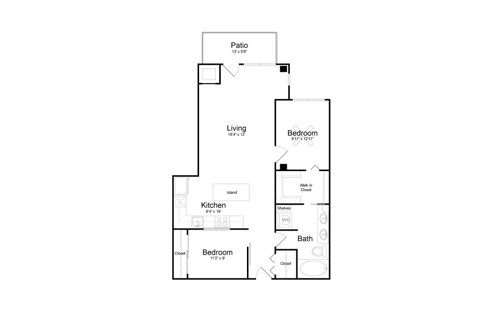 B11 - 2 bedroom floorplan layout with 1 bath and 990 square feet. B11 - 2 bedroom floorplan layout with 1 bath and 990 square feet.