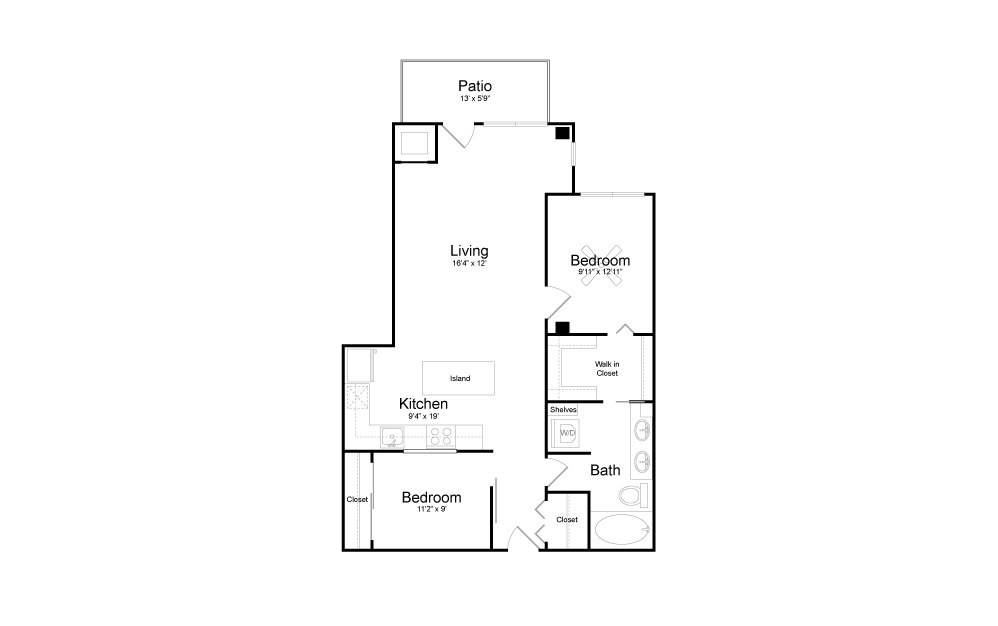 B12 - 2 bedroom floorplan layout with 1 bath and 1069 square feet.