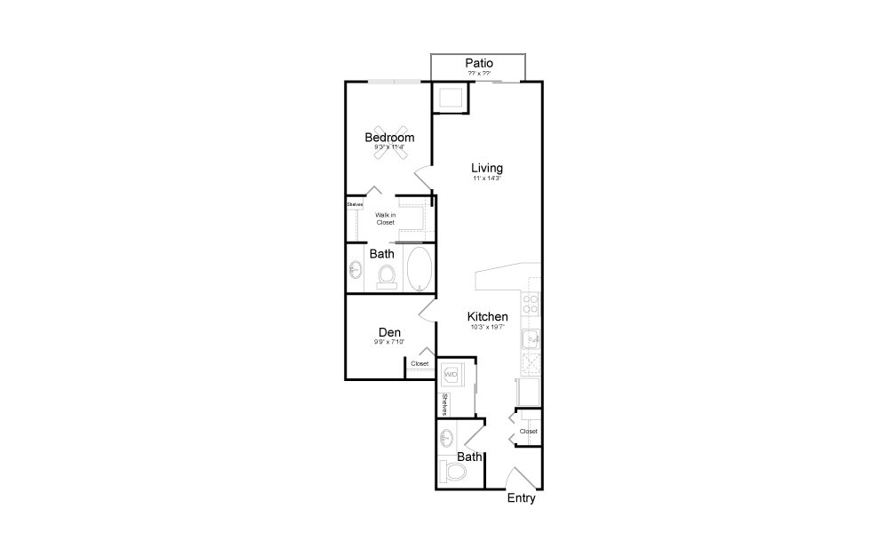 B3 - 1 bedroom floorplan layout with 1 bath and 841 square feet.