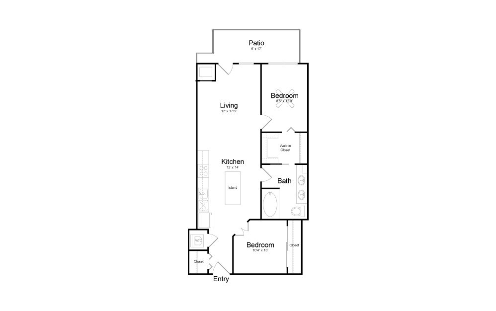 B8 - 2 bedroom floorplan layout with 1 bath and 893 square feet. B8 - 2 bedroom floorplan layout with 1 bath and 893 square feet.