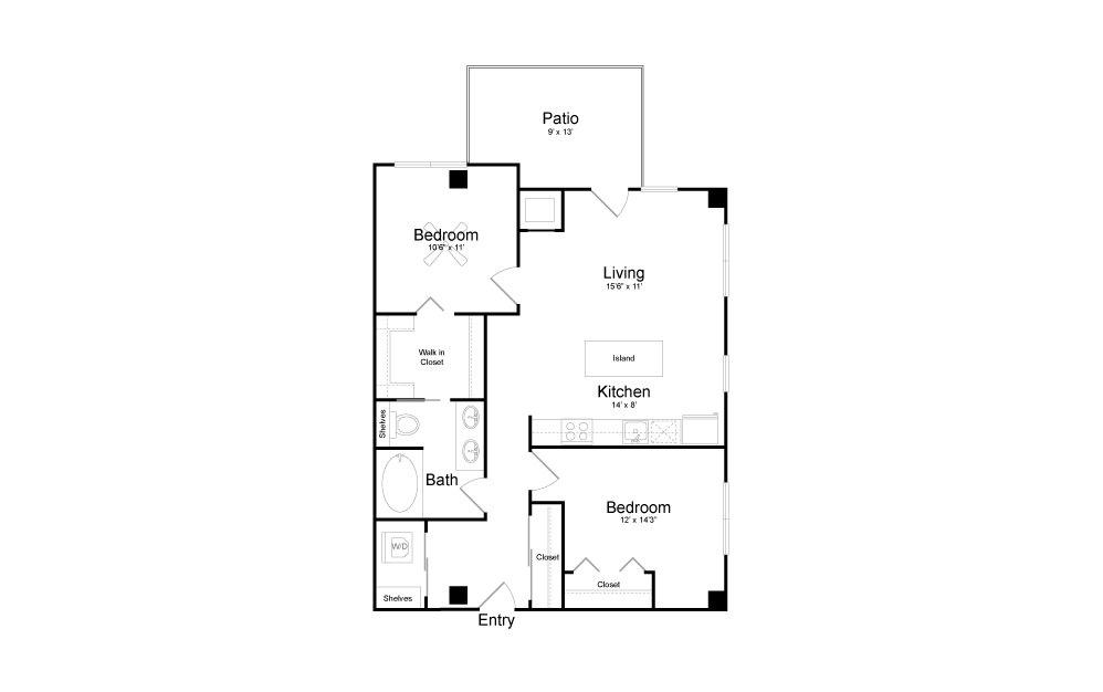 B9 - 2 bedroom floorplan layout with 1 bath and 922 square feet.