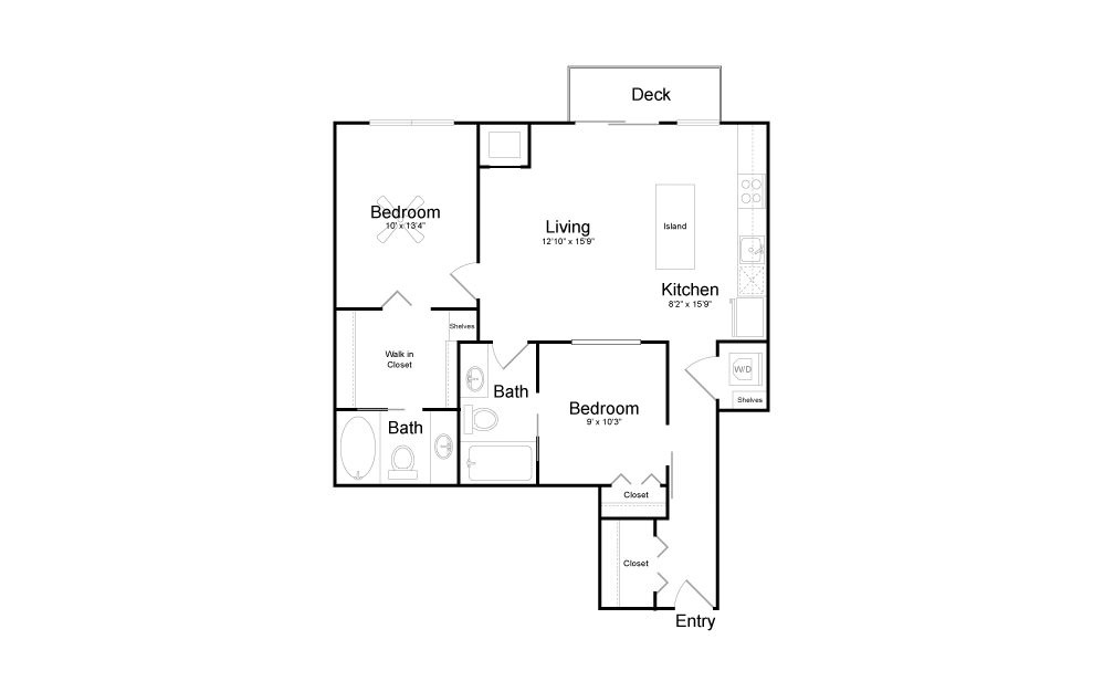 C1 - 2 bedroom floorplan layout with 2 baths and 943 square feet.