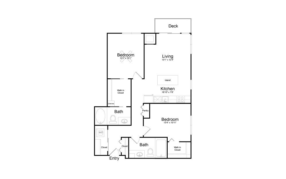 C2 - 2 bedroom floorplan layout with 2 baths and 966 square feet.