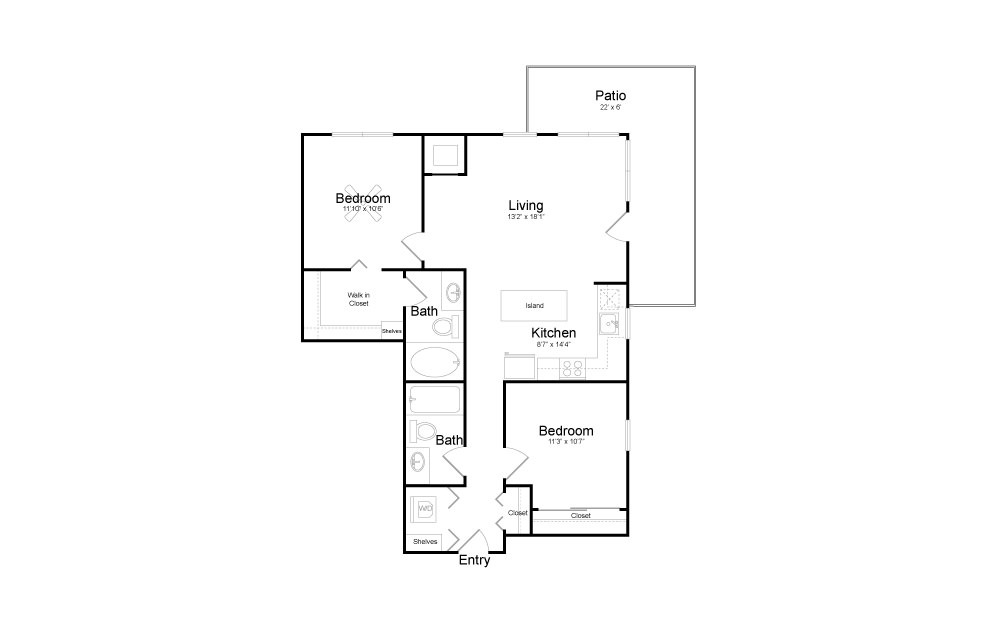 C3 - 2 bedroom floorplan layout with 2 baths and 977 square feet.